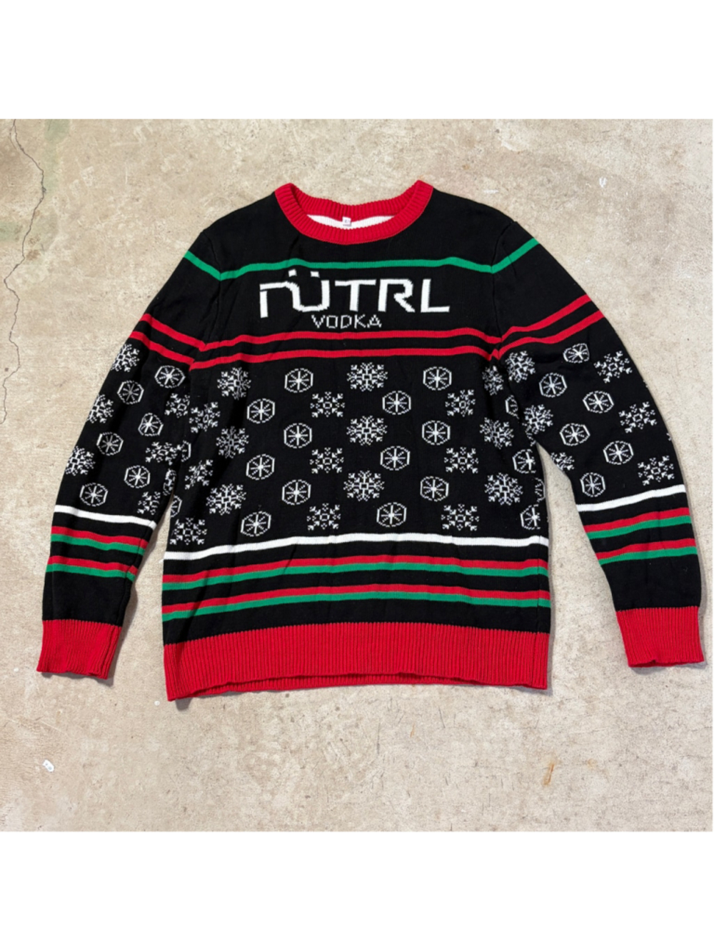 NUTRL Vodka Ugly Christmas Sweater Knit Black Fair Isle Snowflake Unisex Large